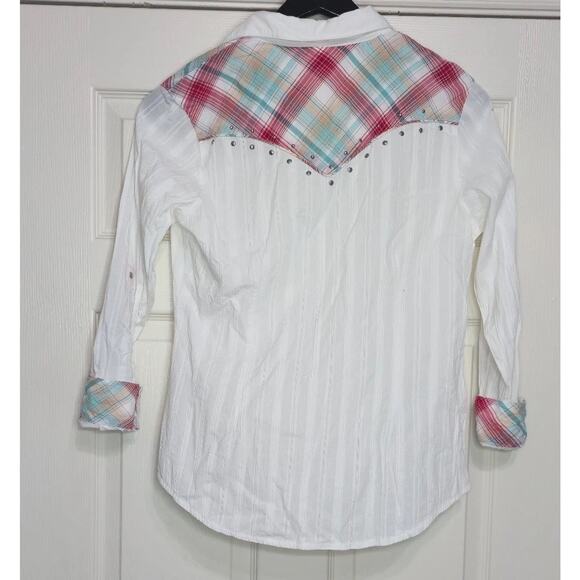 Wrangler Retro Red & White Print Pearl Snap Long Sleeve Western Shirt M - Picture 2 of 4